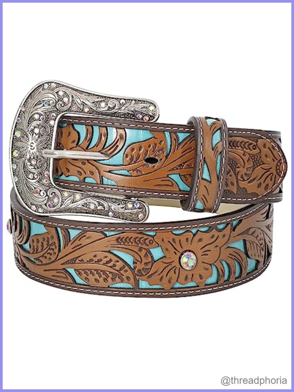 Faux Leather Western Belt Rhinestone Turquoise Buckle Cowgirl Country